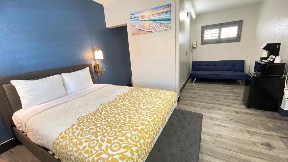 A hotel room with a bed, sofa, and TV.